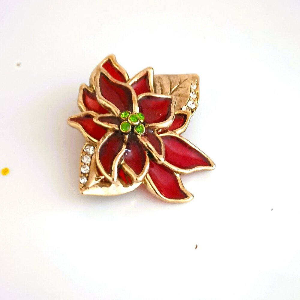 LC Enamel Poinsettia Brooch Red Gold Christmas Flower Pin